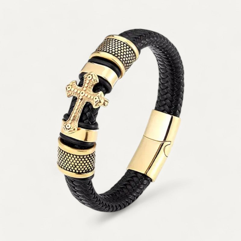 Herrenarmband mit Kreuz – Gold & Leder