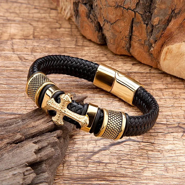 Herrenarmband mit Kreuz – Gold & Leder