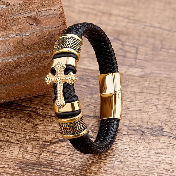 Herrenarmband mit Kreuz – Gold & Leder
