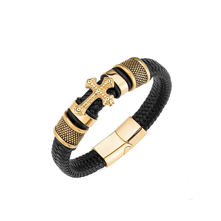 Herrenarmband mit Kreuz – Gold & Leder