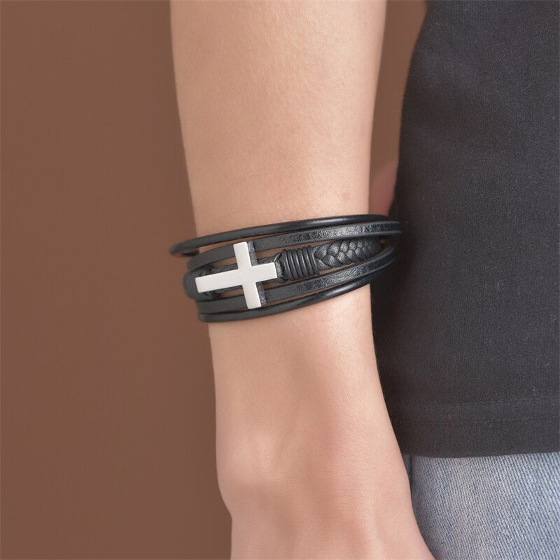 Bracelet Croix Cuir pour Homme