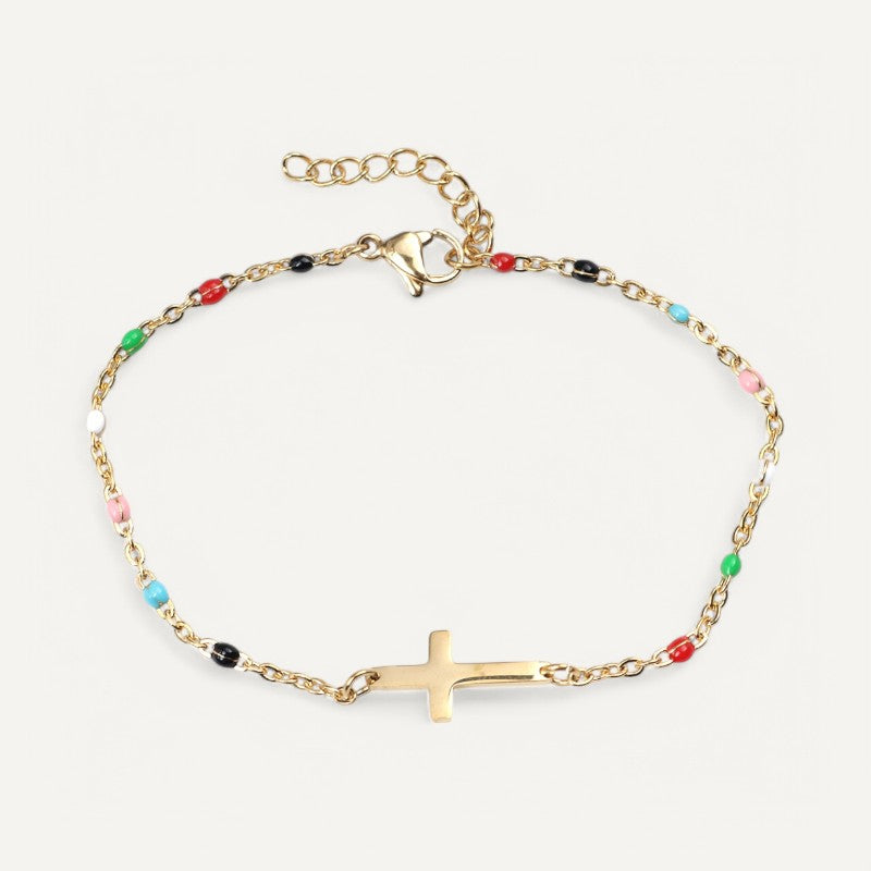 Mehrfarbiges Perlenarmband mit Kreuz