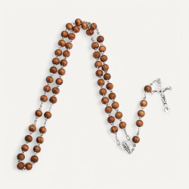 Rosenkranz aus Holzperlen mit Edelstahlkreuz