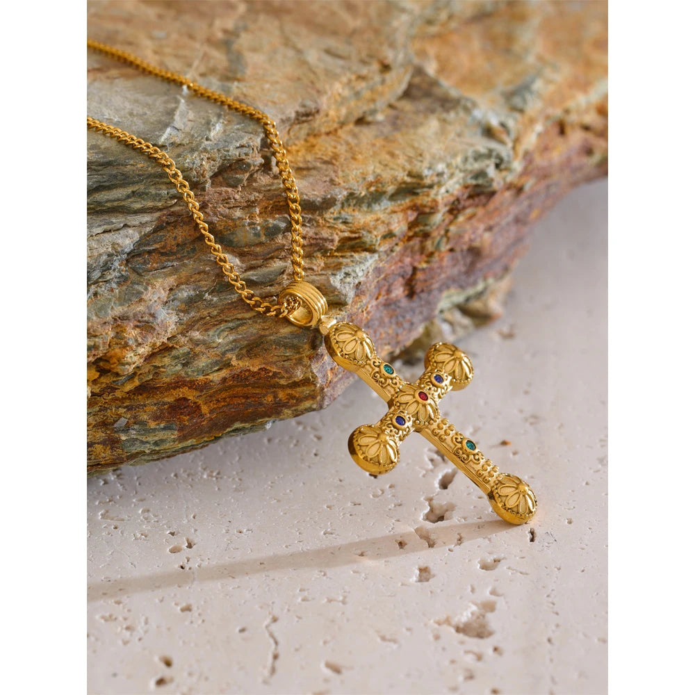 Vintage Kreuz Halskette mit floralen Motiven