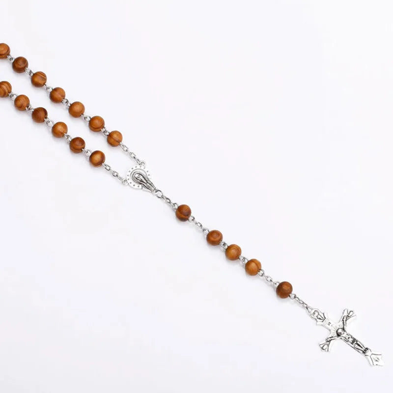 Rosenkranz aus Holzperlen mit Edelstahlkreuz