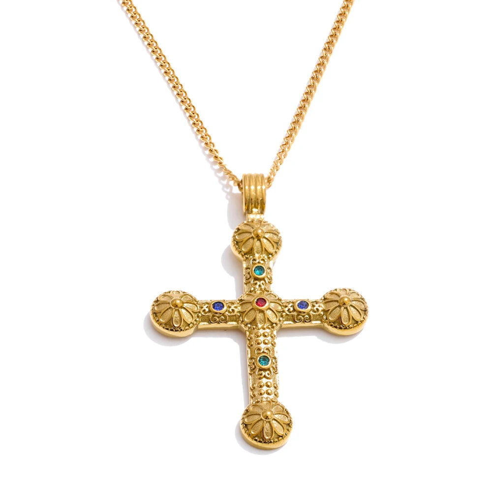 Vintage Kreuz Halskette mit floralen Motiven