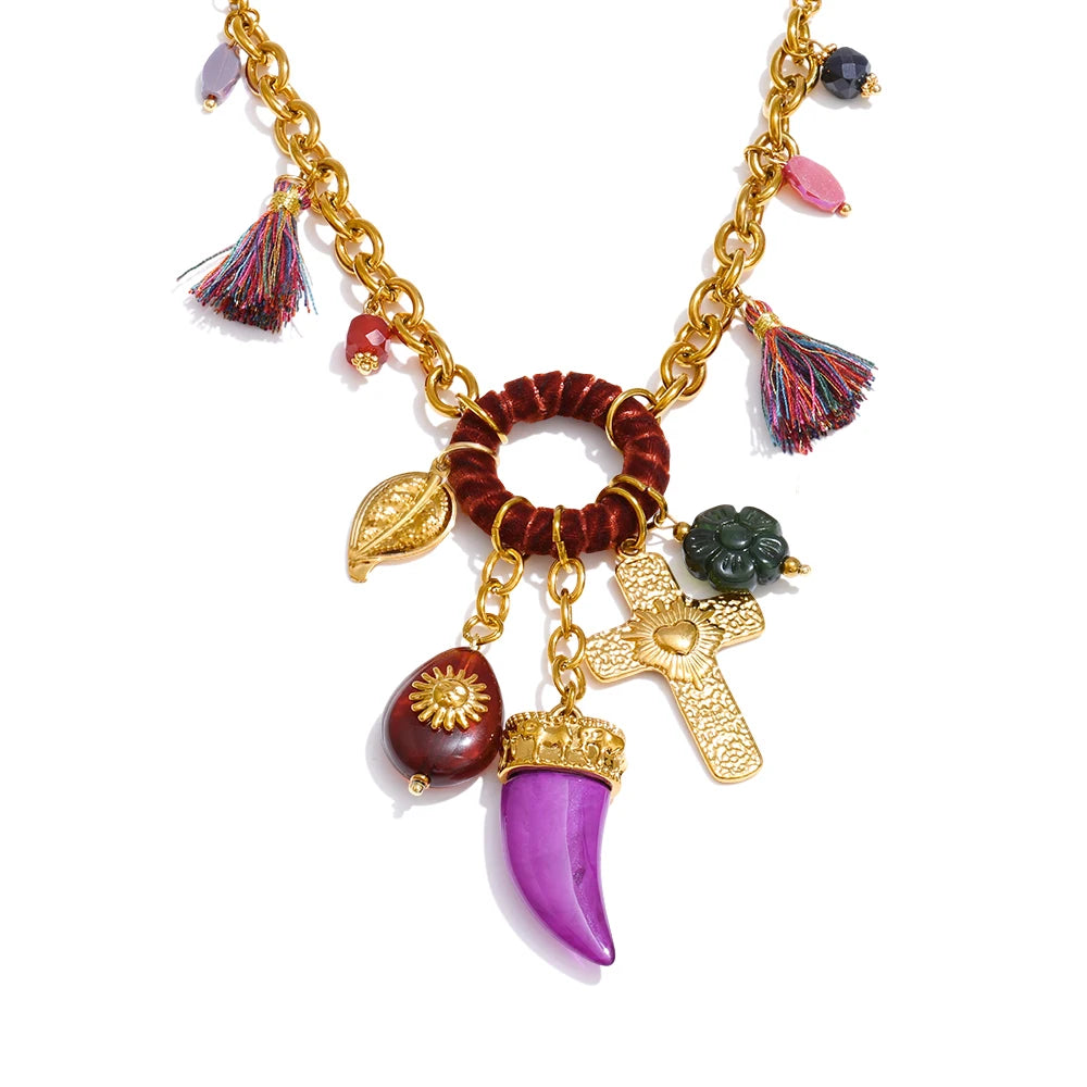 Boho Halskette mit Kreuz und Anhängern