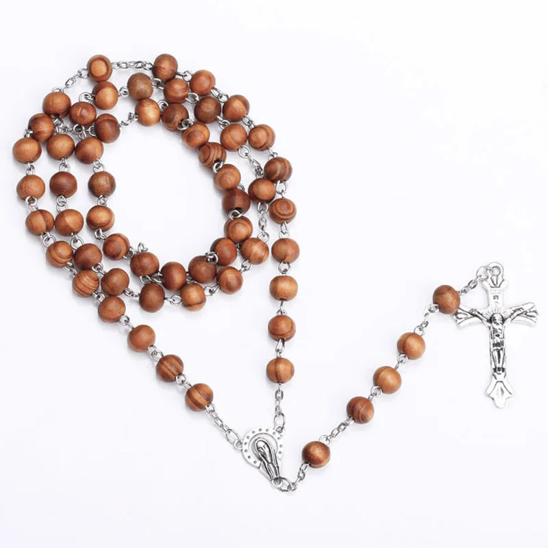 Rosenkranz aus Holzperlen mit Edelstahlkreuz