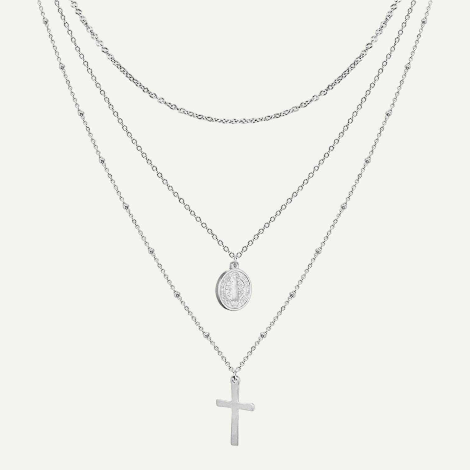 Mehrreihige Halskette mit Kreuz und Wundertätiger Medaille