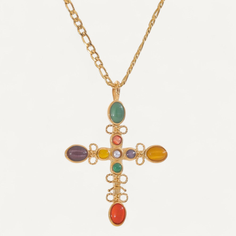 Vintage Kreuz Halskette mit bunten Steinen